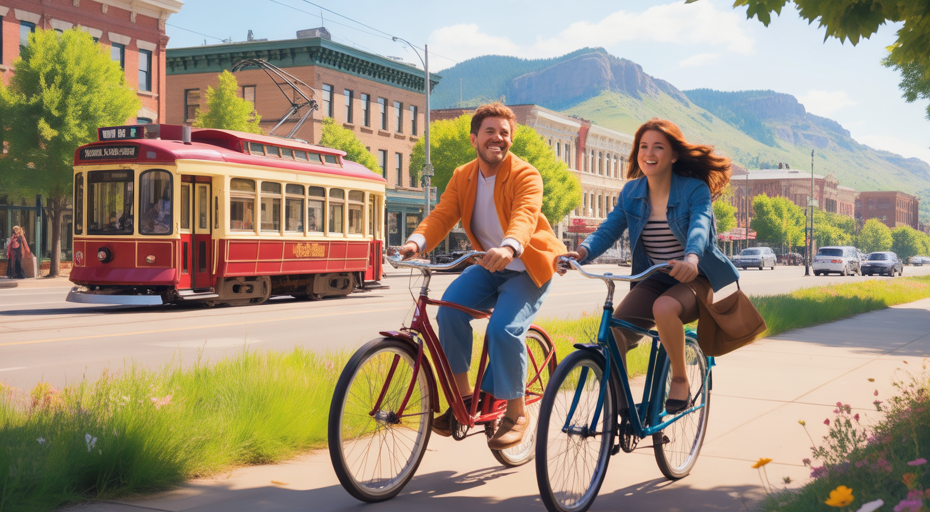 Cartoon of Old Town Fort Collins with cyclists.