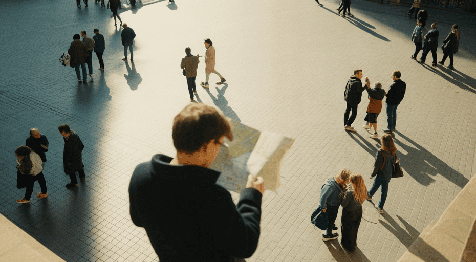 Solo traveler in a city square with groups nearby.