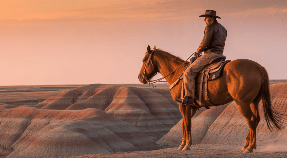 Lone horseback rider in Badlands sunrise