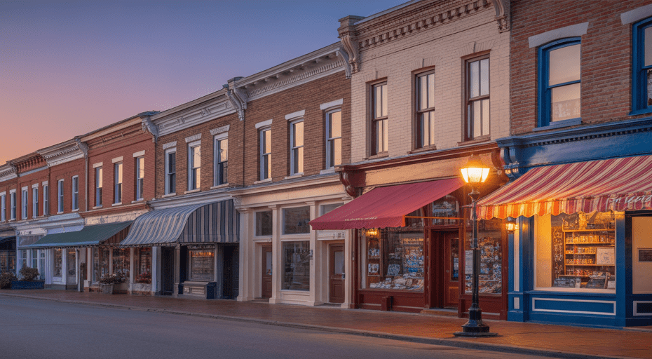 Historic downtown Williston street at dusk.