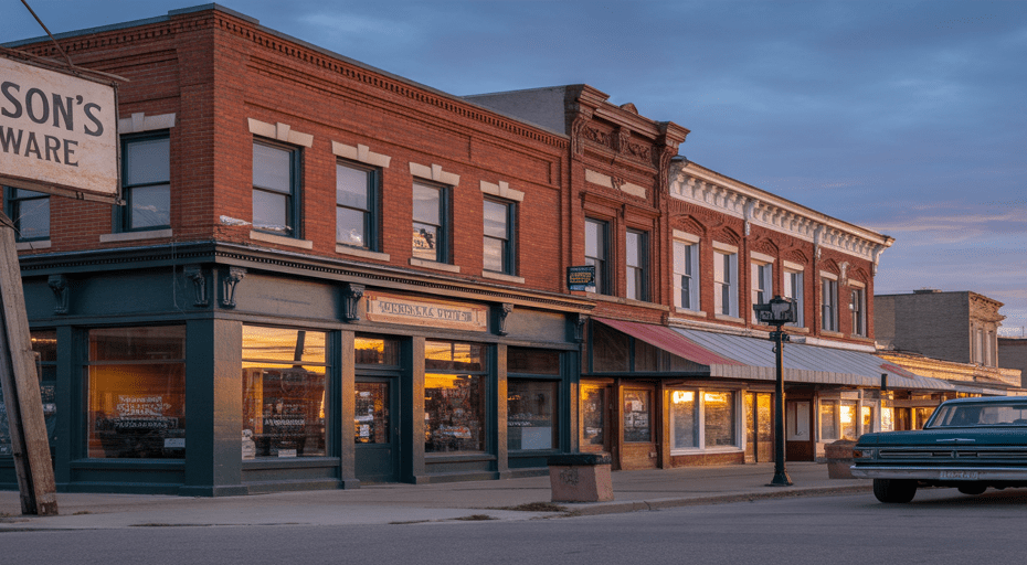 Quiet downtown Minot street at dusk.