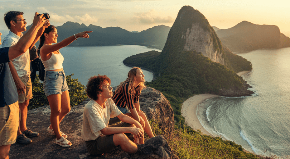 Group of friends enjoying a sunset view.