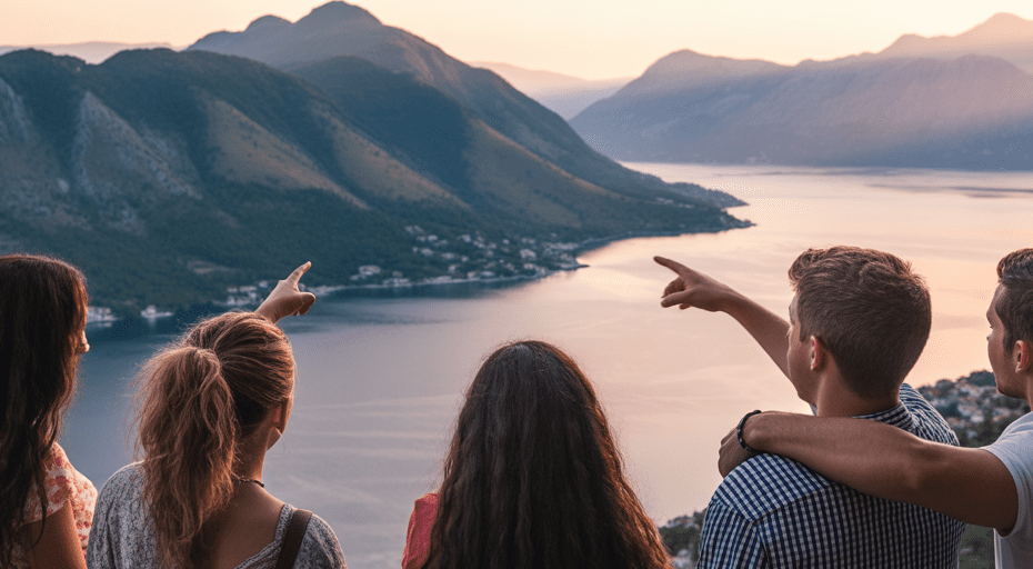 Group of young friends watching a sunrise over mountains.