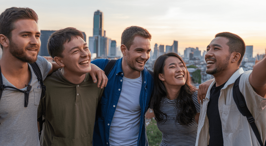 Friends laughing together on a city rooftop at sunset.