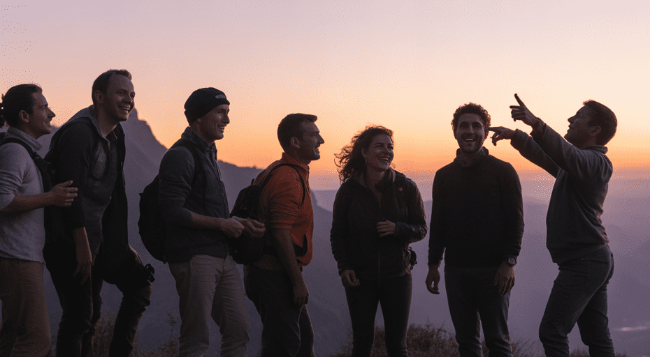 Travelers watching sunset on group adventure.