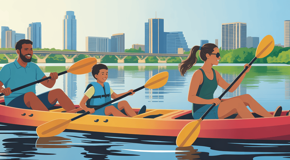 Family kayaking on Lady Bird Lake.